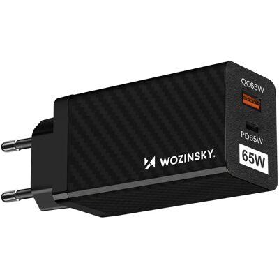 Ładowarka GaN 65W Wozinsky z USB i USB-C - Szybkie ładowanie, Czarna Ładowarka GaN 65W Wozinsky z USB i USB-C - Szybkie ładowanie, Czarna