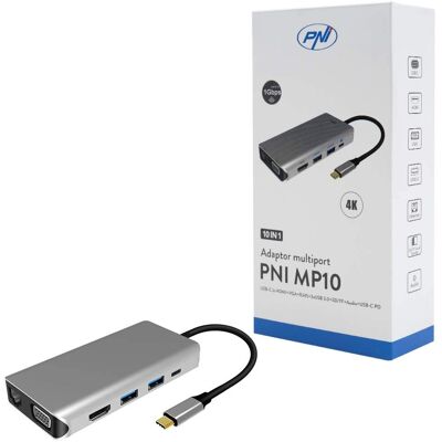 PNI MP10 Multiport-Adapter - 4K HDMI, VGA, USB 3.0, SD/TF, Ethernet, Audio, USB-C PD PNI MP10 Multiport-Adapter - 4K HDMI, VGA, USB 3.0, SD/TF, Ethernet, Audio, USB-C PD