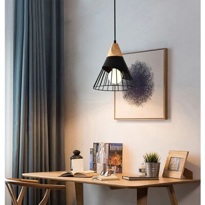 AXHUP Industrial Pendant Lamp - 25cm, Black, Metal & Wood, E27 - Light Fixture AXHUP Industrial Pendant Lamp - 25cm, Black, Metal & Wood, E27 - Light Fixture