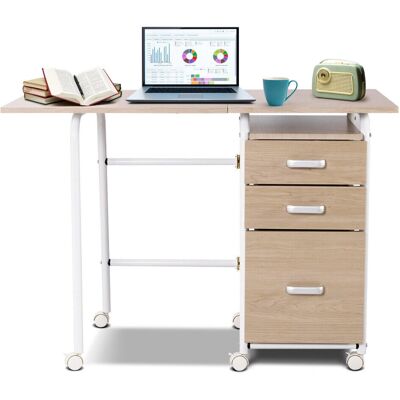 Costway - Folding Computer Desk - 3 Drawers - Wheeled - Desk Costway - Folding Computer Desk - 3 Drawers - Wheeled - Desk