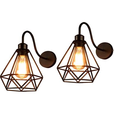 Axhup - 2 Piece Industrial Black Wall Lamp E27 Cage Metal Pendant - Wall Light Axhup - 2 Piece Industrial Black Wall Lamp E27 Cage Metal Pendant - Wall Light