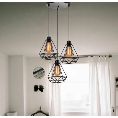 HENRY - Vintage Cage Pendant Light - 3 Bulbs - Black - Retro Industrial HENRY - Vintage Cage Pendant Light - 3 Bulbs - Black - Retro Industrial