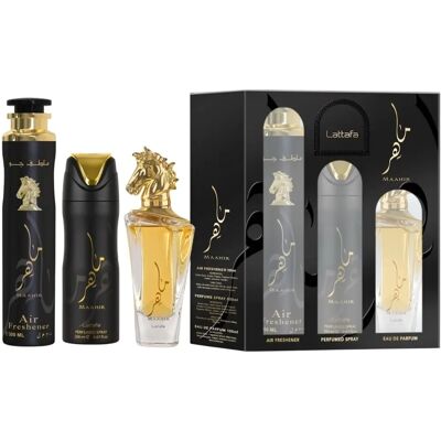 Lattafa Maahir Unisex-Geschenkset - Eau de Parfum, Deodorant, Luftfrischler Lattafa Maahir Unisex-Geschenkset - Eau de Parfum, Deodorant, Luftfrischler