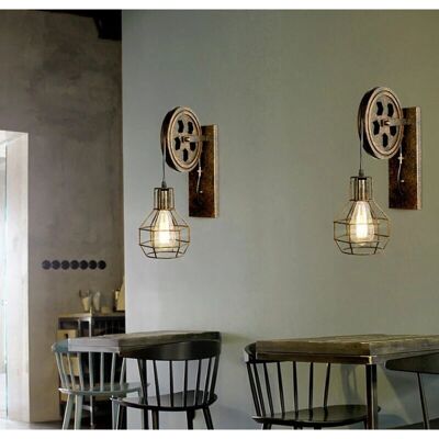 AXHUP 2 Piezas Lámpara de Pared Vintage Industrial - Portalámparas E27 - Polea de Madera AXHUP 2 Piezas Lámpara de Pared Vintage Industrial - Portalámparas E27 - Polea de Madera