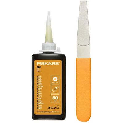 Kit di manutenzione Fiskars - Attrezzi da taglio da giardino - Lima diamantata, olio e istruzioni Kit di manutenzione Fiskars - Attrezzi da taglio da giardino - Lima diamantata, olio e istruzioni