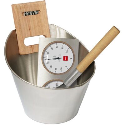 Kit d'accessoires sauna Harvia SA006 - Acier inoxydable, Résistant à l'humidité, Poignées en bois - Publicité Kit d'accessoires sauna Harvia SA006 - Acier inoxydable, Résistant à l'humidité, Poignées en bois - Publicité