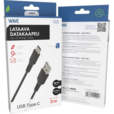 Wave Data-kaapeli Type-C 3m - Matkapuhelin Kaapeli Wave Data-kaapeli Type-C 3m - Matkapuhelin Kaapeli