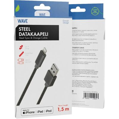Wave - WAVE-DTC-AL-150-METAL - 1,5 m - USB-A to Lightning - kaapeli Wave - WAVE-DTC-AL-150-METAL - 1,5 m - USB-A to Lightning - kaapeli