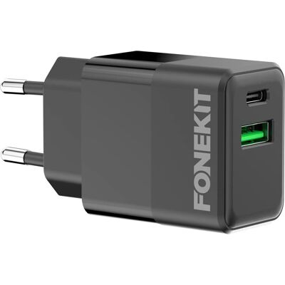 Chargeur FoneKit Double 20W - USB-C + USB-A - Noir - Publicité Chargeur FoneKit Double 20W - USB-C + USB-A - Noir - Publicité