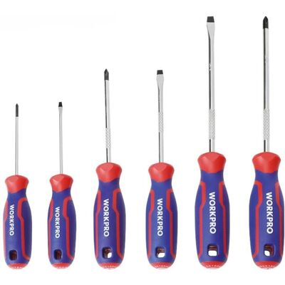 Workpro Schraubenzieher-Set 6-tlg - Flachkopf, Ergonomisch, Chrom-Vanadium-Stahl Workpro Schraubenzieher-Set 6-tlg - Flachkopf, Ergonomisch, Chrom-Vanadium-Stahl