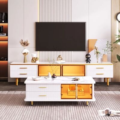 WISHDOR - Mobile TV - Mármol blanco - Vidrio marrón - TV Stand WISHDOR - Mobile TV - Mármol blanco - Vidrio marrón - TV Stand
