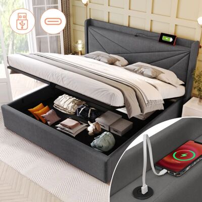 OKWISH - Cama tapizada - Caja de almacenamiento - cabecera USB-C - Cama OKWISH - Cama tapizada - Caja de almacenamiento - cabecera USB-C - Cama