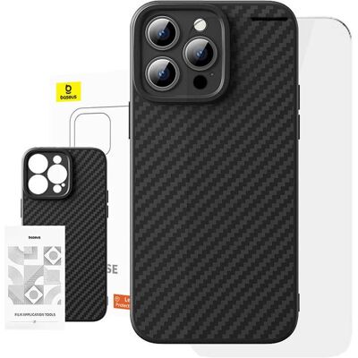 Baseus iPhone 15 Pro szintetikus szálas tok és edzett üveg Baseus iPhone 15 Pro szintetikus szálas tok és edzett üveg