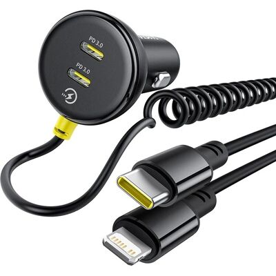 Chargeur voiture Baseus 60W, 2x USB-C & Lightning, Durable & Rapide Chargeur voiture Baseus 60W, 2x USB-C & Lightning, Durable & Rapide