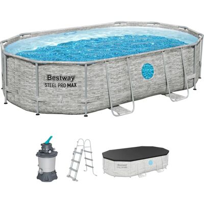 Bestway Power Steel Swim Vista - Piscine hors-sol ovale avec effet pierre - 488x305x107 cm - Publicité Bestway Power Steel Swim Vista - Piscine hors-sol ovale avec effet pierre - 488x305x107 cm - Publicité