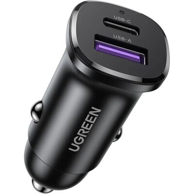 Carregador de carro Ugreen EC305 30W USB-C e USB-A - Preto Carregador de carro Ugreen EC305 30W USB-C e USB-A - Preto