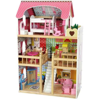 Ecotoys Pikkumökki - Puu, 3 Kerrokset, 14 Huonekalut - Turvallinen lapsille Ecotoys Pikkumökki - Puu, 3 Kerrokset, 14 Huonekalut - Turvallinen lapsille