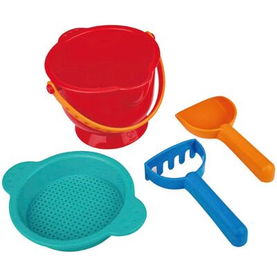 Jouet de bac à sable Hape E4056 - Seau, pelle, râteau, tamis - Publicité Jouet de bac à sable Hape E4056 - Seau, pelle, râteau, tamis - Publicité