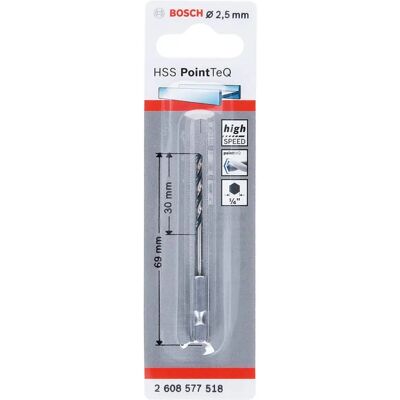 Punta HSS Bosch - PointTeQ - Per metallo - 2,5 mm - Accessorio per trapano Punta HSS Bosch - PointTeQ - Per metallo - 2,5 mm - Accessorio per trapano