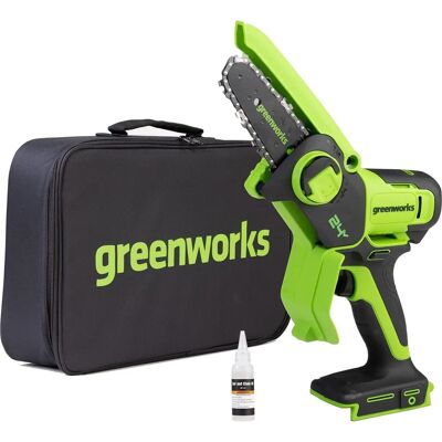 Greenworks G24MCS10 - Tronçonneuse compacte 24V - Publicité Greenworks G24MCS10 - Tronçonneuse compacte 24V - Publicité