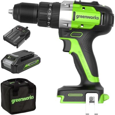 GREENWORKS GD24DD60K2 bürstenloser Akku-Bohrschrauber - 60Nm, 0-1750 U/min, 2-Gang GREENWORKS GD24DD60K2 bürstenloser Akku-Bohrschrauber - 60Nm, 0-1750 U/min, 2-Gang