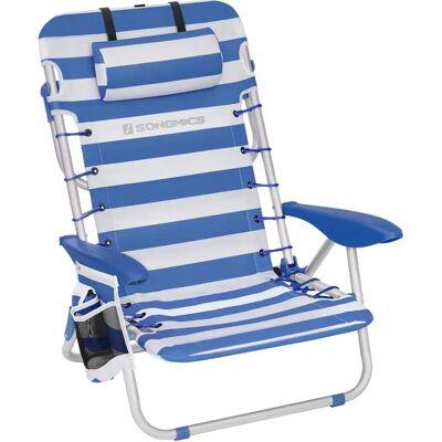 SONGMICS White + Blue Beach Chair with Pillow - Portable, Reclining, Backpack SONGMICS White + Blue Beach Chair with Pillow - Portable, Reclining, Backpack