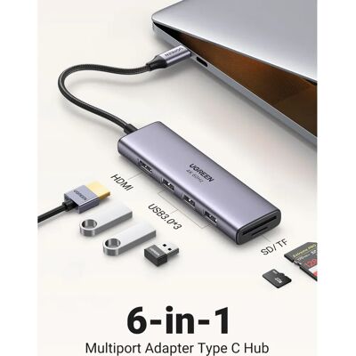 Ugreen 6-in-1 USB-C Hub Adapter - Grau - USB-C auf 3x USB3.0 + HDMI + SD/TF Ugreen 6-in-1 USB-C Hub Adapter - Grau - USB-C auf 3x USB3.0 + HDMI + SD/TF