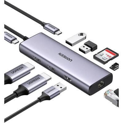 Hub USB-C Ugreen 9-en-1 - Dual HDMI, 60W PD, Ethernet, SD/TF Hub USB-C Ugreen 9-en-1 - Dual HDMI, 60W PD, Ethernet, SD/TF