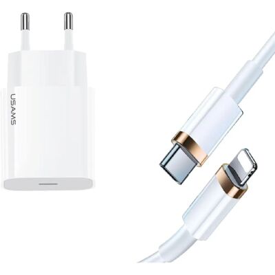 Usams Weiß 20W USB-C Ladegerät mit Lightning Kabel - Schnellladung Usams Weiß 20W USB-C Ladegerät mit Lightning Kabel - Schnellladung