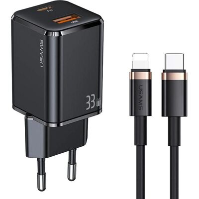 Usams Netzladegerät 33W USB-C + Lightning Kabel 1,2m - Schwarz Usams Netzladegerät 33W USB-C + Lightning Kabel 1,2m - Schwarz