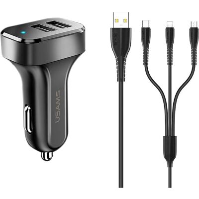 Chargeur voiture Usams - USB Double 2,1A 3-en-1 MicroUSB USB-C Lightning - Noir Chargeur voiture Usams - USB Double 2,1A 3-en-1 MicroUSB USB-C Lightning - Noir