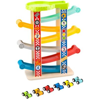 Tor wyścigowy z drewnianej wieży Tooky Toy - 7 poziomów, 6 samochodów Tor wyścigowy z drewnianej wieży Tooky Toy - 7 poziomów, 6 samochodów