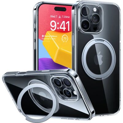 Coque MagSafe transparente pour iPhone 16 Pro avec support pivotant - Publicité Coque MagSafe transparente pour iPhone 16 Pro avec support pivotant - Publicité