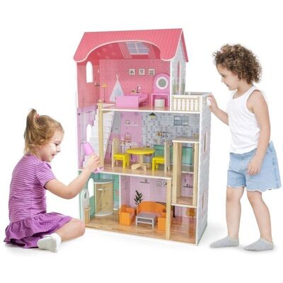 Viga Spielzeug Villa - Puppenhaus mit 3 Etagen, Farbige Zimmer, 73x112x29 cm Viga Spielzeug Villa - Puppenhaus mit 3 Etagen, Farbige Zimmer, 73x112x29 cm