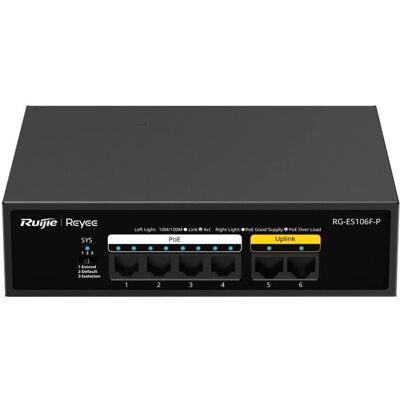 Ruijie Networks RG-ES106F-P Verkko switch - Ei hallittava L2 Ethernet - PoE - Musta Ruijie Networks RG-ES106F-P Verkko switch - Ei hallittava L2 Ethernet - PoE - Musta