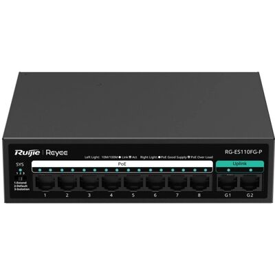 Switch Ethernet não gerenciado Ruijie Networks RG-ES110FG-P - 8 portas PoE - 2 uplink - Gabinete metálico Switch Ethernet não gerenciado Ruijie Networks RG-ES110FG-P - 8 portas PoE - 2 uplink - Gabinete metálico
