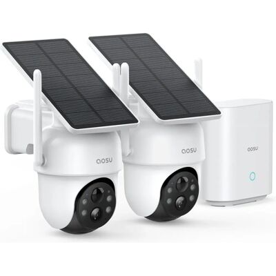 Aosu - 2K Zonne-energie WiFi Buitenbewakingscamera, 2 Stuks, Geen Abonnement, 3MP Draadloze Zonnepaneelcamera Aosu - 2K Zonne-energie WiFi Buitenbewakingscamera, 2 Stuks, Geen Abonnement, 3MP Draadloze Zonnepaneelcamera