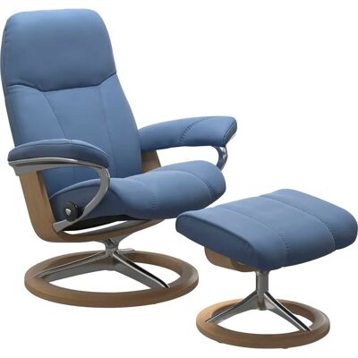 Stressless Consul Fußhocker - Leder, Eiche Basis, Blau Stressless Consul Fußhocker - Leder, Eiche Basis, Blau