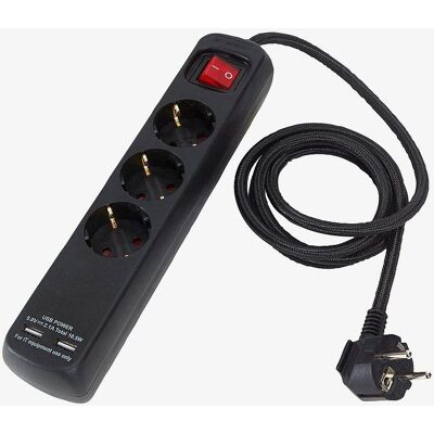 PR Home 3-veis forlengingskabel med USB - Svart PR Home 3-veis forlengingskabel med USB - Svart