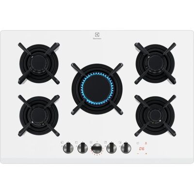 Electrolux KGG753753W Plaque de cuisson à gaz 75 cm 5 foyers Flamme verticale Verre trempé Grilles en fonte blanche Boutons StepPower - Publicité Electrolux KGG753753W Plaque de cuisson à gaz 75 cm 5 foyers Flamme verticale Verre trempé Grilles en fonte blanche Boutons StepPower - Publicité