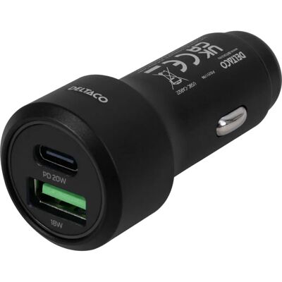 Deltaco USBC-CAR122 Musta Autolaturi - 18W PD, USB-C & USB-A Deltaco USBC-CAR122 Musta Autolaturi - 18W PD, USB-C & USB-A