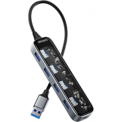 Deltaco USB Hub - 4 Porter, gjennomsiktig, støtter 5 Gbps Deltaco USB Hub - 4 Porter, gjennomsiktig, støtter 5 Gbps