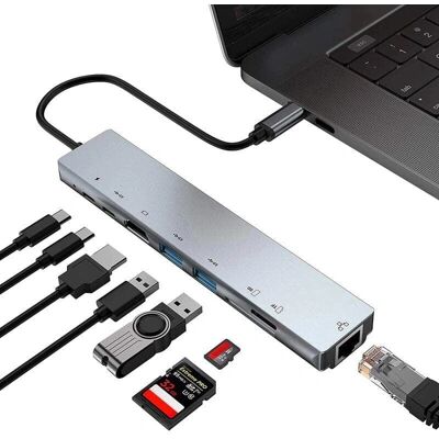 Tech of Sweden USB C Hub - 8 in 1 monitoiminen Type C-sovitin - Hopea Tech of Sweden USB C Hub - 8 in 1 monitoiminen Type C-sovitin - Hopea