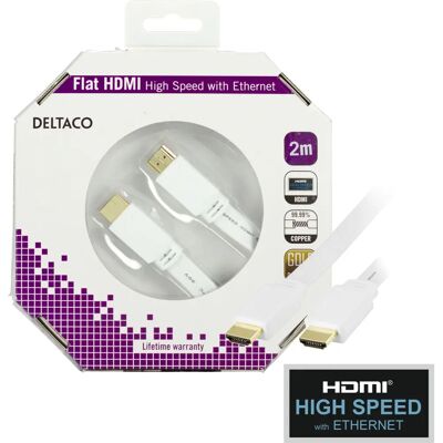 Deltaco 2m Valkoinen Litteä HDMI-kaapeli - HDMI High Speed Ethernetillä Deltaco 2m Valkoinen Litteä HDMI-kaapeli - HDMI High Speed Ethernetillä