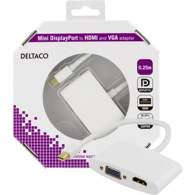 Deltaco Valkoinen Mini DisplayPort HDMI VGA Sovitin - Video, Data Deltaco Valkoinen Mini DisplayPort HDMI VGA Sovitin - Video, Data