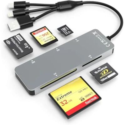 NÖRDIC 5-in-1 kortinlukija - SD TF CF XD MS 2TB USB-A USB-C Lightning NÖRDIC 5-in-1 kortinlukija - SD TF CF XD MS 2TB USB-A USB-C Lightning