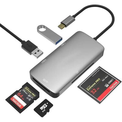 NÖRDIC 1–5 USB-C sovitin SD/TF ja CF kortinlukija 2xUSB3.0 jopa 5Gbps UHS-I NÖRDIC 1–5 USB-C sovitin SD/TF ja CF kortinlukija 2xUSB3.0 jopa 5Gbps UHS-I