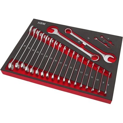 Set di chiavi a anello professionale HBM da 22 pezzi con insert in schiuma Set di chiavi a anello professionale HBM da 22 pezzi con insert in schiuma