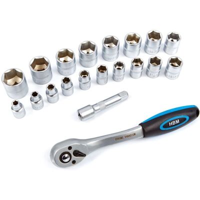 HBM 3/8" Profi-Ratsche - 19 Steckschlüssel & Verlängerung HBM 3/8" Profi-Ratsche - 19 Steckschlüssel & Verlängerung