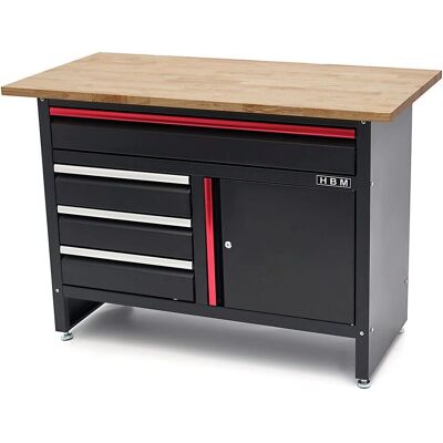 HBM Werkbank 120 cm mit 4 Schubladen, Holzplatte, Tür - Schwarz HBM Werkbank 120 cm mit 4 Schubladen, Holzplatte, Tür - Schwarz